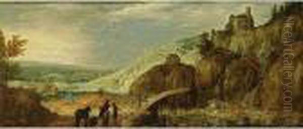 An Extensive Mountainous River 
Landscape With A Waterfall And A Horseman, Travellers And A Horse On A 
Wooden Bridge, A View Of A Fortified Castle On A Hill Top Beyond Oil Painting by Joos De Momper