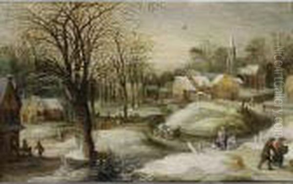 A Winter Landscape With A 
Horseman, A Peasant With A Horse-drawn Cart And Figures On A Path, A 
Village&nbsp;nearby Oil Painting by Joos De Momper