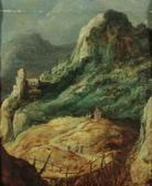 A Mountainous Landscape With Travellers Oil Painting by Joos De Momper