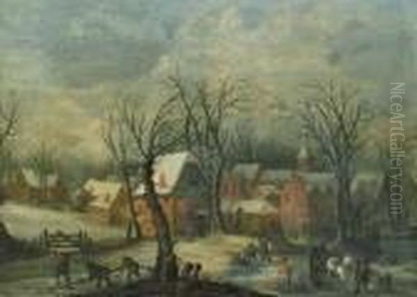 A View Of A Village In Winter 
With Woodgatheres At Work Andtravellers With A Horse And Wagon On A 
Snowy Path Oil Painting by Joos De Momper