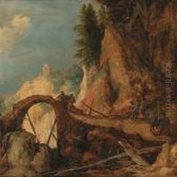 A Mountain Landscape With 
Travellers On A Path Approaching A Bridgeover A Gorge - A Fragment (?) Oil Painting by Joos De Momper