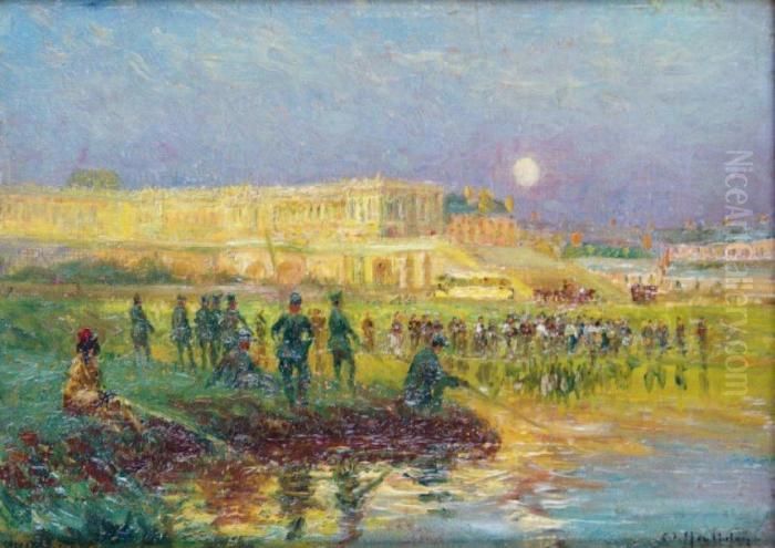 Versailles Au Crepuscule ; Les Soldatsallies Pechant Dans La Piece D'eau Des Suisses Oil Painting by Francois Richard De Montholon