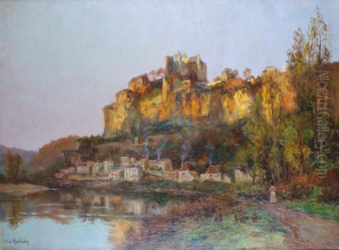 Vue De Beynac En Bord De Dordogne Ausoleil Couchant Oil Painting by Francois Richard De Montholon