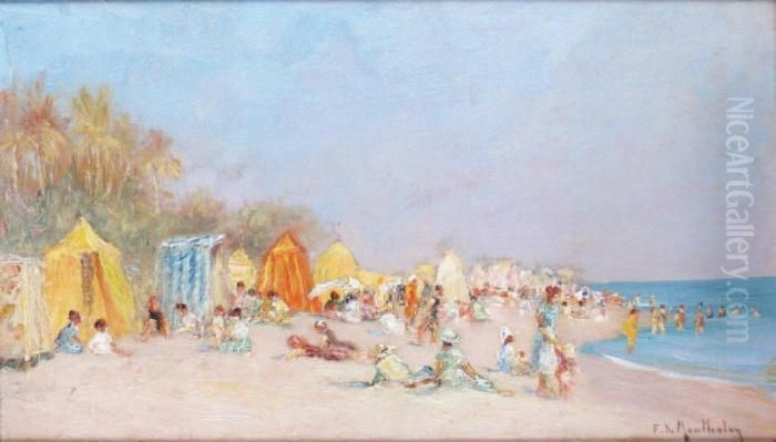 Plage Animee A Cannes Oil Painting by Francois Richard De Montholon