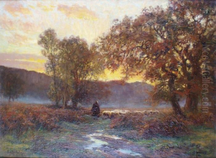 Berger Et Son Troupeau Au Soleilcouchant En Dordogne Oil Painting by Francois Richard De Montholon