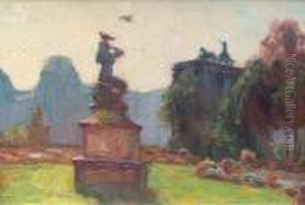 Le Louvre Et L````arc De 
Triomphe Du Carrousel. Ol Auf Malkarton. 24 X 34,5 Cm. Ruckseitig Mit 
Nachlasstempel Sowie Mit Alten Franzosischen Klebeetiketten, Dort 
Bezeichnet. Gerahmt. Oil Painting by Francois Richard De Montholon