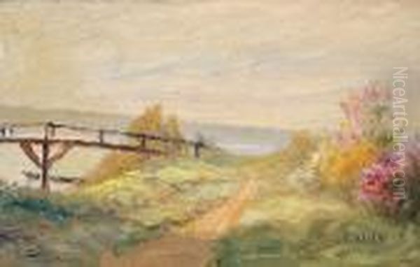 Fruhlingshafte Landschaft Mit 
Kleiner Holzbrucke Uber Von Bluhenden Buschen Flankiertem Fluss. Oil Painting by Francois Richard De Montholon