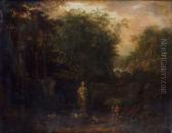 Paysage Boise Avec Un Berger 
Jouant De La Flute Pres D'une Statue Antique Et De Ruines Romaines, 
Vasque, Portique Et Tombeau. Oil Painting by Frederick De Moucheron
