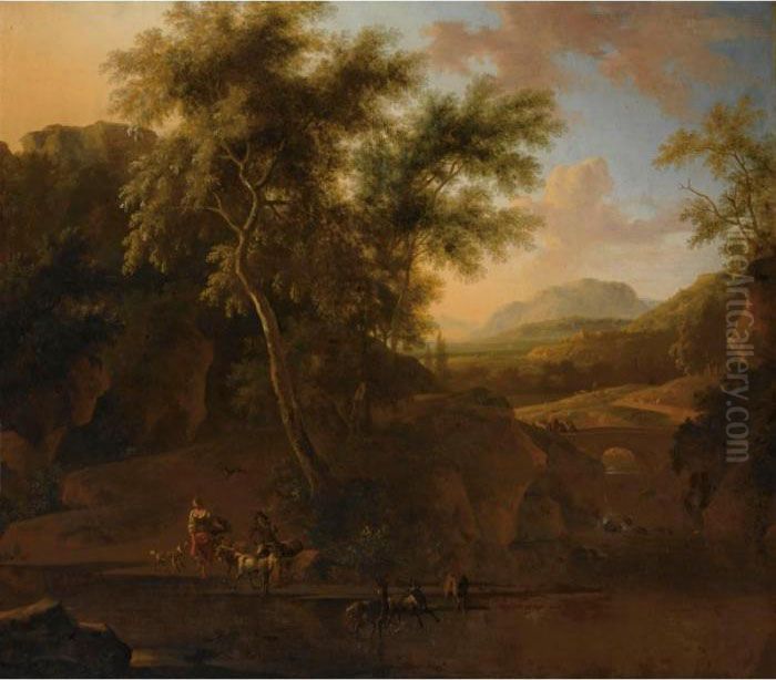 An Italianate Wooded River 
Landscape With Shepherds And Their Herd Of Goats In The Foreground, Two 
Travellers And A Donkey On The Bridge Beyond Oil Painting by Frederick De Moucheron