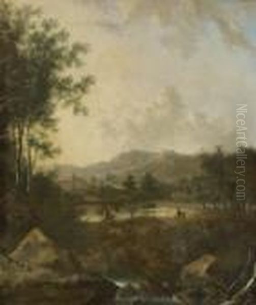 Sudliche Flusslandschaft Mit
 Figurenstaffage. Oil Painting by Frederick De Moucheron