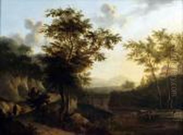 Anitalianate Landscape With 
Cattle Watering By A River, Figures Andpack Horses On A Road, Mountains 
Beyond Oil Painting by Frederick De Moucheron
