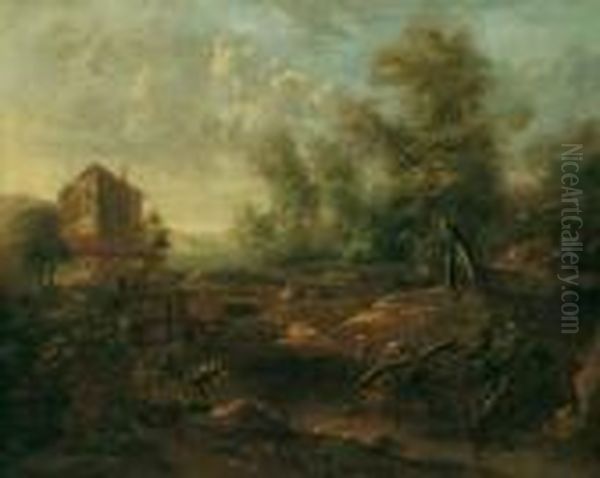 Sudliche Landschaft Mit Jagern 
Und Fischern. Signiert Unten Rechts: Moucheron F. Ol Auf Leinwand. H 93;
 B 115 Cm. Provenienz: Ehemals In Niederlandischem Adelsbesitz. 
Moucheron, Schuler Von J. Asselyn, Malte Italienisierende Waldige 
Berglandschaft Oil Painting by Frederick De Moucheron