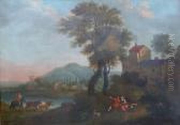 An Italianate Landscape With Elegant Couple And A Drover Oil Painting by Frederick De Moucheron