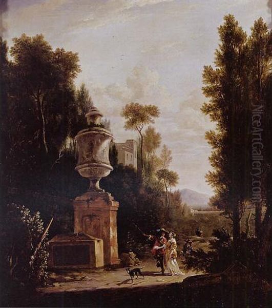 Italian Wooded Landscape With Figures On A Path Oil Painting by Frederick De Moucheron