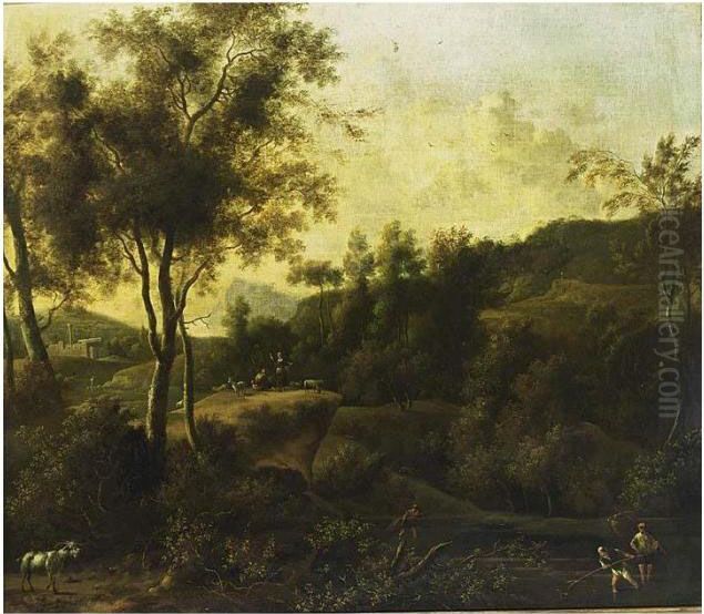 A Southern Wooded Landscape With
 Fishermen In A Stream And Shepherds With Their Herd In The Background Oil Painting by Frederick De Moucheron