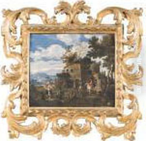 Un Cavaliere Ed Astanti Vari Presso Un Casolare Rustico Oil Painting by Frederick De Moucheron
