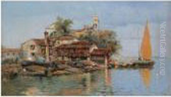 Barcas En El Squero Di San 
Trovaso, Con San Gervasio Y San Protasio Al Fondo (gondola Yard In The 
Squero Of San Trovaso, S. Gervasio E Protasio In The Background) Oil Painting by Antonio Maria de Reyna