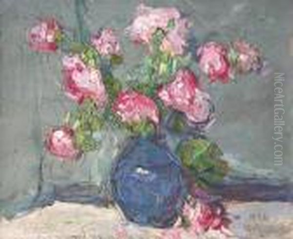 Bouquet De Roses Dans Un Vase Bleu Oil Painting by Vladimir De Terlikowski
