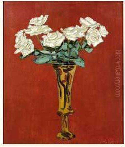 Bouquet De Roses Blanches Sur Fond Rouge Oil Painting by Vladimir De Terlikowski