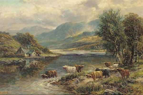 Highland cattle in a mountainous landscape Oil Painting by Walter Langley