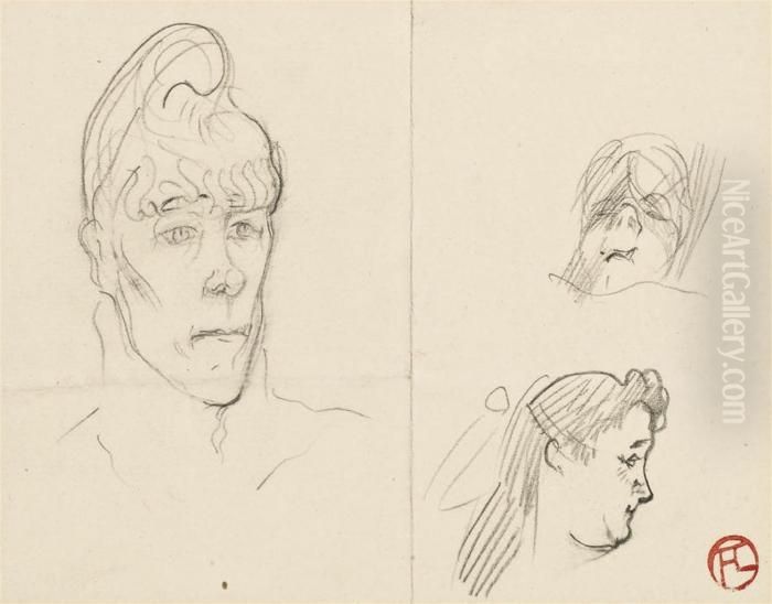 Trois Etudes De Tetes Oil Painting by Henri De Toulouse-Lautrec