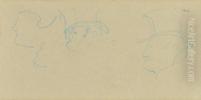 Tetes D' Hommes De Profil En Gibus Et Tete De Femme Oil Painting by Henri De Toulouse-Lautrec