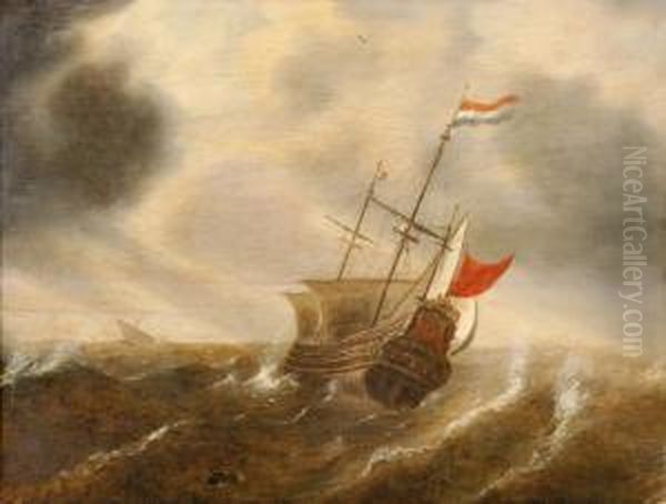 Hollands Oorlogsschip Met Deels 
Gestreken Zeilen Op Stormachtige Zee, Rechts Aan De Horizon Een 
Zeilschip Oil Painting by Simon De Vlieger
