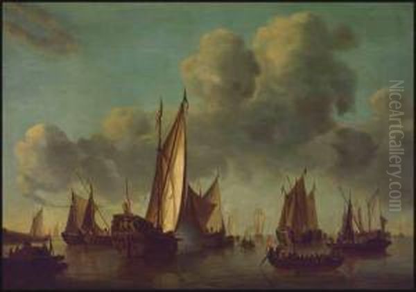 Dutch Fleet With A Galleon Becalmed Oil Painting by Simon De Vlieger