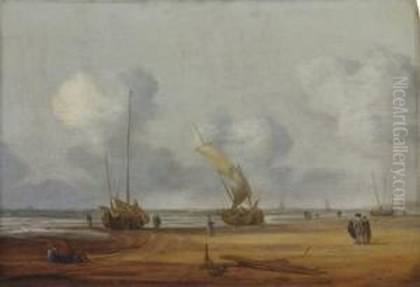 A Coastal Landscape With Fishing Boats Beached At Low Tide Oil Painting by Simon De Vlieger