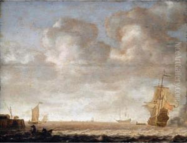 An Estuary Scene, With A Man O' 
War Firing A Salute To The Right And Small Vessels Off A Jetty To The 
Left Oil Painting by Simon De Vlieger
