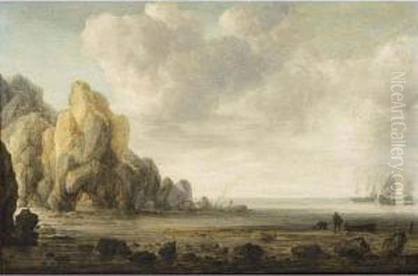 An Estuary Scene With A Rocky 
Coastline On The Left And Fishermen On The Shore, Men-'o-war In The 
Background Oil Painting by Simon De Vlieger