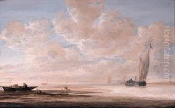 A Calm: Fishermen At Work On A 
Sandbank With A Wijdschipapproaching A Harbour Nearby, Other Shipping 
Beyond, At Dawn Oil Painting by Simon De Vlieger