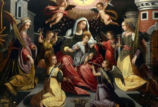 Vierge A L'enfant Entouree 
D'anges Tenant Des Fleurs, Saintecatherine D'alexandrie Et Sainte Barbe Oil Painting by Maarten de Vos