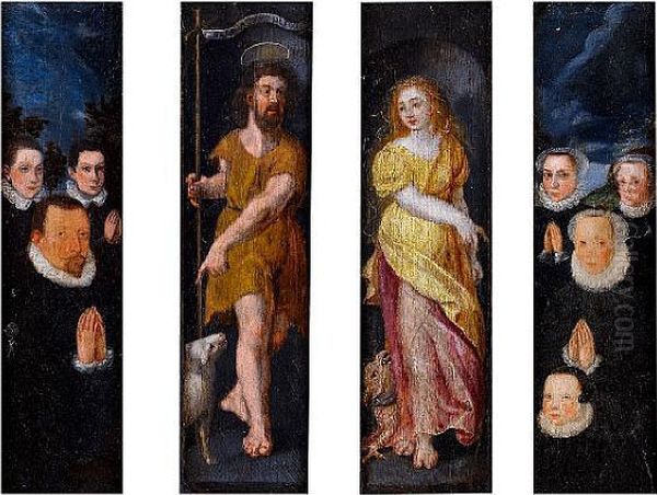A Polyptych. Central Panels: 
Saint John Thebaptist And Saint Martha; Left Wing: A Male Donor With His
 Sons;right Wing: A Female Donor With Her Daughters Oil Painting by Maarten de Vos