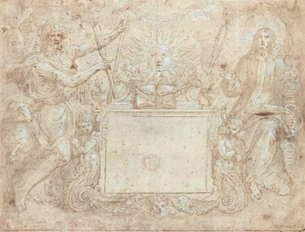 Le Christ Et Saint Jean-baptiste, Projet De Gravure
 Plume Et Encre Brune, Lavis Gris Et Rehaut De Gouache Blanche Sur Papier Rose Oil Painting by Maarten de Vos