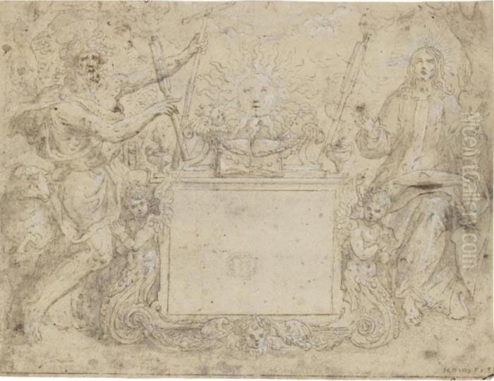 Christ And St John The Baptist 
Standing Either Side Of An Altar, With The Sun Rising Behind: A Design 
For A Title Page Oil Painting by Maarten de Vos