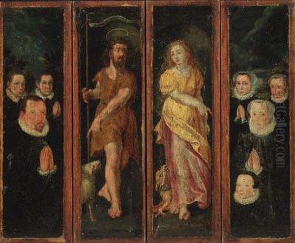 Saint John The Baptist And Saint
 Margret With Donors - A Set Offour Compartments From An Altarpiece Oil Painting by Maarten de Vos