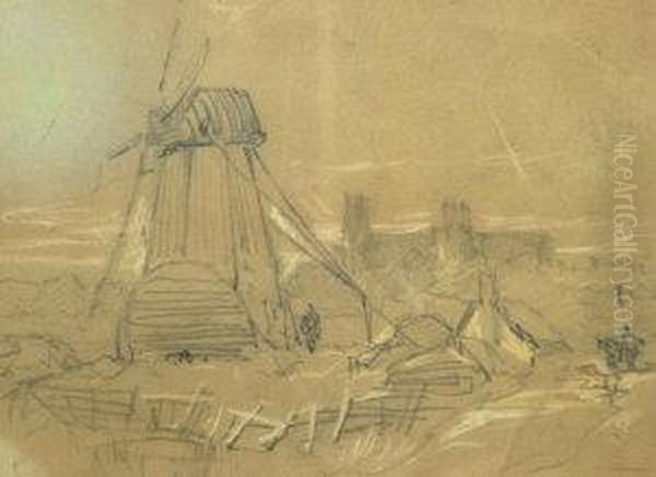 Study Of A Windmill With A 
Castle In The Distance; Pencil And Coloured Chalk On Buff Paper Oil Painting by Peter de Wint