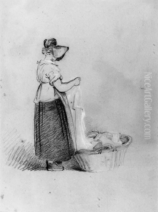 A Woman Sorting Washing Oil Painting by Peter de Wint