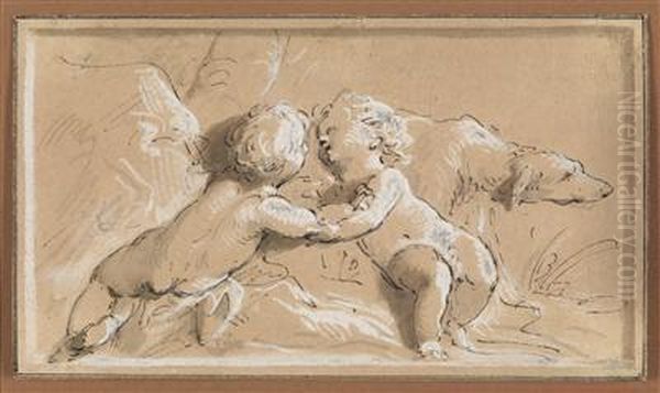 Two Playing Putti And A Dog Oil Painting by Jacob de Wit