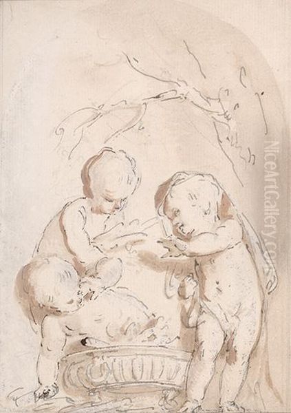 Three Putti Around A Brazier Oil Painting by Jacob de Wit