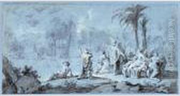 Two Oriental Scenes: A) Figures 
Looking Upwards In Astonishment At A Basket With Figures Pulled By 
Birds; B) A Presentation By A Dwarf And Another Figure, Both Standing On
 A Block Oil Painting by Jacob de Wit