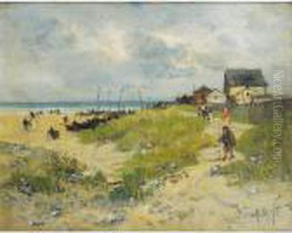 Le Chemin Au Bord De La Plage [ ;
 The Path By The Seaside ; Oil On Panel ; Signed Lower Right] Oil Painting by Alexandre Defaux
