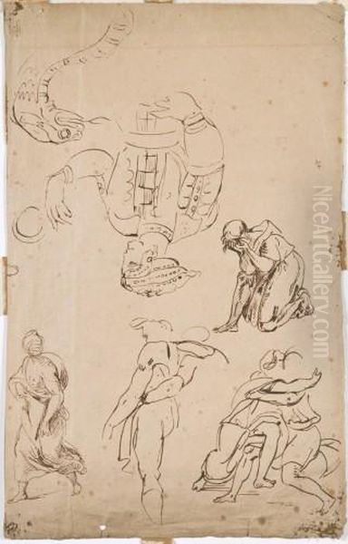 Feuille D'etude Avec Personnages, D'apres Raphael Oil Painting by Eugene Delacroix