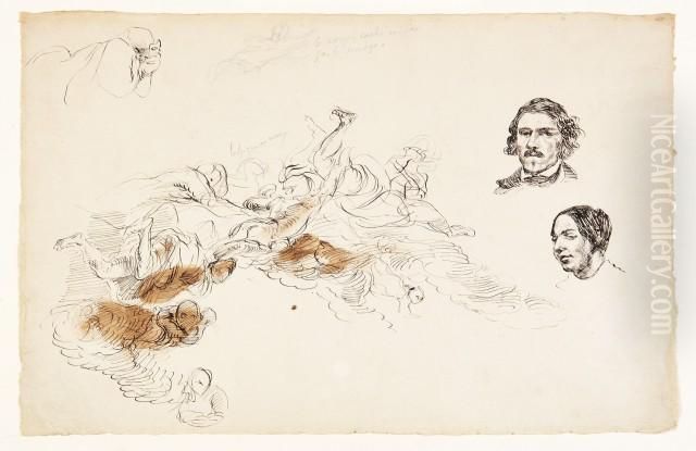 Feuille D'etude Avec Des Figures
 Plafonnantes, Un Autoportraitet Le Portrait De Jenny Le Guillou Oil Painting by Eugene Delacroix