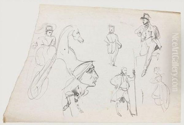 Etude D'elegants, D'une Femme En Amazone Sur Un Cheval, D'une Tete
 D'oriental De Profil Oil Painting by Eugene Delacroix