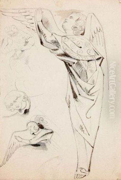 Etude De Statue D'ange, Deux 
Tetes D'anges, Une Figure Assised'apres Les Sculptures De La Cathedrale 
De Strasbourg Oil Painting by Eugene Delacroix
