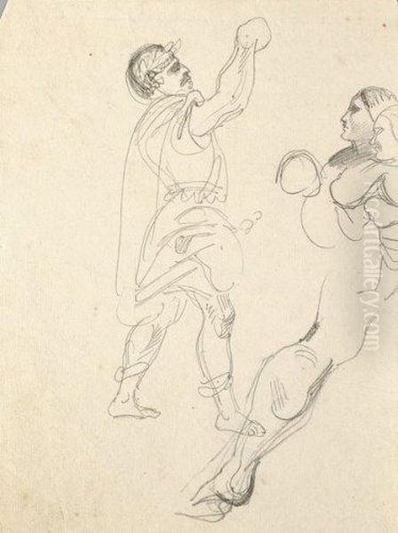 Etude D'un Homme A L'antique, Deux Visages De Femmes De Profil, Unejambe Oil Painting by Eugene Delacroix