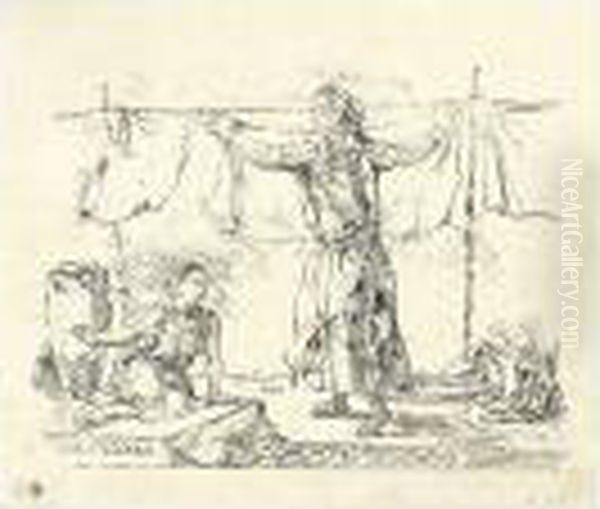 Femme De Tanger Etendant Du Linge. Oil Painting by Eugene Delacroix