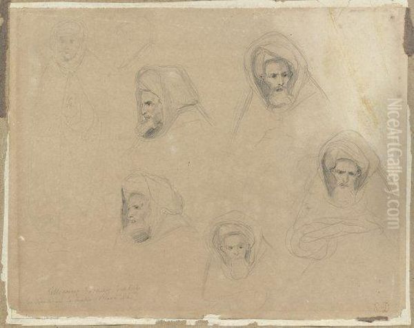 Une Feuille De Cinq Etudes De Tetes Du Ministre Amin-bias A Tanger Oil Painting by Eugene Delacroix